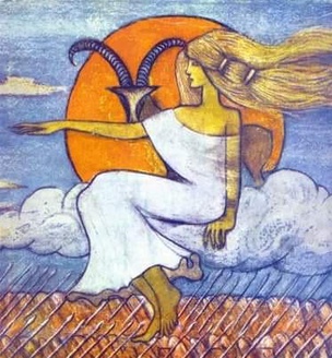 Illustration of Dali, a Svan goddess, in white clothing.